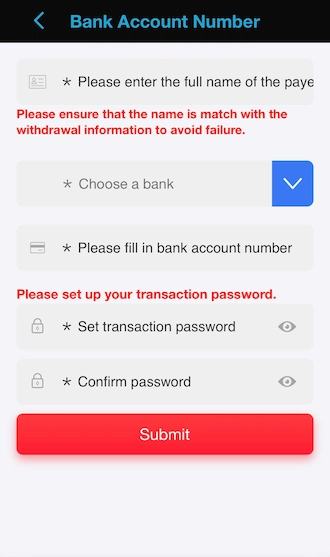 Step 3: Please fill in the following information: Name on card, Select bank, Bank account number, and Transaction password.