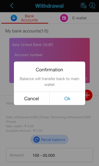 Step 5: The system notifies that the balance will transfer to the main wallet. Click OK to confirm.